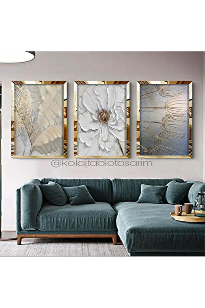 KOLAJTASARIM 3'lü Gold Pleksi Dekoratif Çiçekler Çerçeveli Tablo Seti