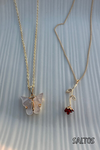 Saltos Set of 2 Necklaces, White Butterfly Necklace and Red Rose Necklace Set, Gold Necklace, White Butterfly Necklace and Red Rose