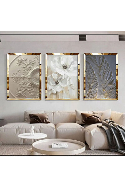 KOLAJTASARIM 3'lü Kombin Modern Gold Pleksili Çerçeveli Tablo Seti
