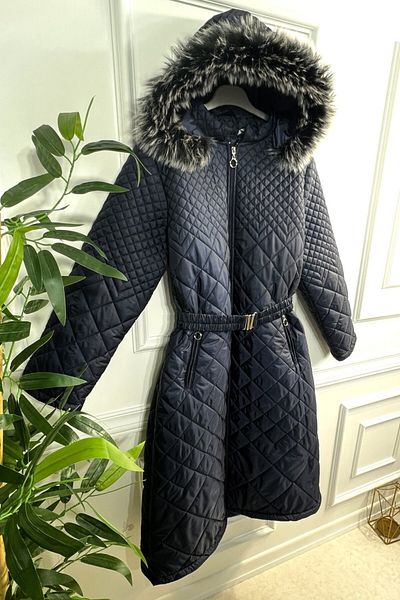 Aşkı Endam Μεγάλο μέγεθος Ikra Hooded Τρισδιάστατο καπιτονέ πουπουλένιο παλτό - Navy Blue