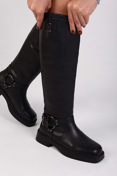 Shoeberry Dámské černé kožené kozačky s přezkou Lottie