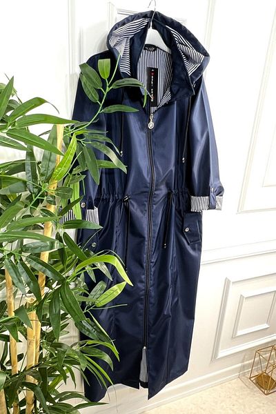 Aşkı Endam Large Size Removable Hooded Striped Full Length Trench - Navy Blue