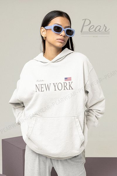 Pear Wear Hanorac oversize cu glugă, cu 3 fire, imprimat New York