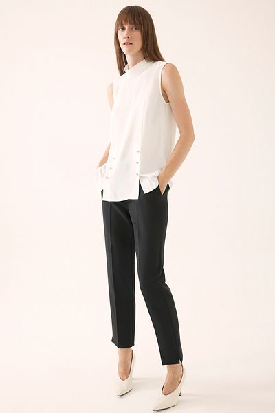 Perspective Cypress Regular Fit Standard Size Zero Sleeve Half Stand Collar Ecru Color Women's Blouse