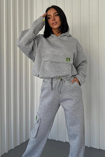 WOMAN VISION Női vastag háromszálas szövet hosszú ujjú kenguru zsebes szürke tréningruha szett 350
