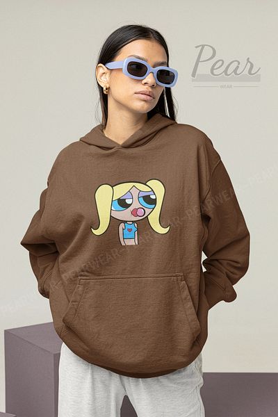 Pear Wear Дамски суитшърт с качулка с качулка и 3 нишки с щампи Powerpuff Girls Raster
