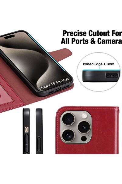 Sphone iPhone 15 Pro Max Kılıf Wallet Kartvizitlik Cüzdan Kapaklı Magnet Kopçalı Stand 360 Koruma Deri Doku