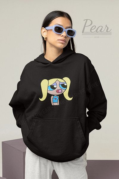 Pear Wear Дамски суитшърт с качулка с качулка и 3 нишки с щампи Powerpuff Girls Raster