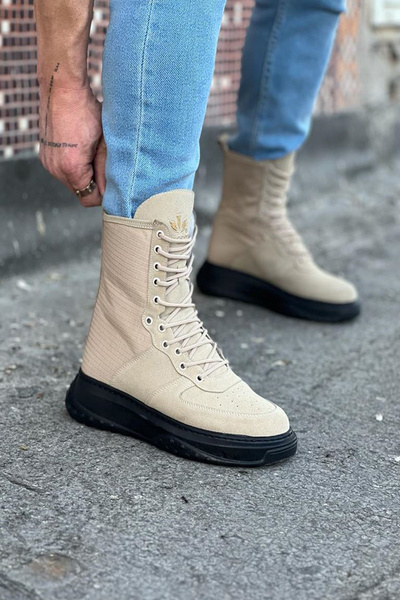 Rainon Store Beige Suede Long Lace-Up Men's Boots & Booties