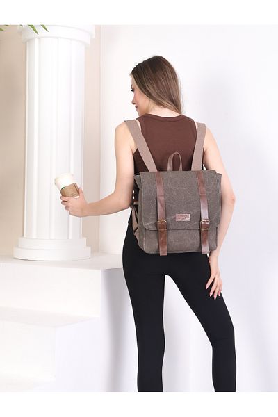 pierrose Brown Canvas Genuine Leather Unisex Backpack