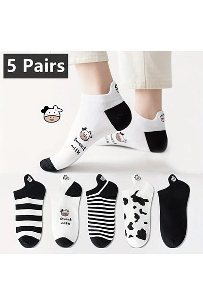çorapaşkı Συσκευασία με 5 Unisex ασπρόμαυρες κάλτσες με μοτίβο αγελάδας με κεντημένα βαμβακερά μποτάκια