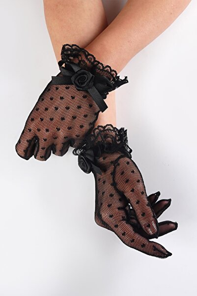 Hayalperest boncuk Black Polka Dot Bridal Gloves