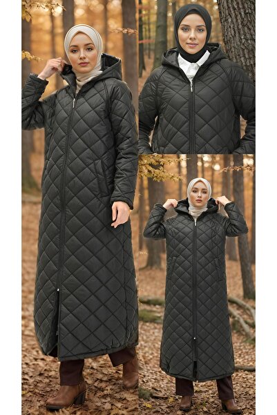 Butik Ayseba Kadın Siyah Cepli Kapüşonlu Fermuarlı Kapitone Kaban Ferace