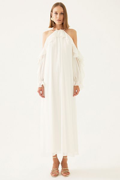 Perspective Ecru Colored Merily Long Women's Dress - Shoulder Detail