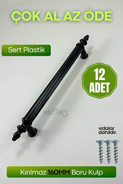 KIRSA Siyah Boru Kulp 160mm Dolap Çekmece Kulpu Kırılmaz 12 Adet