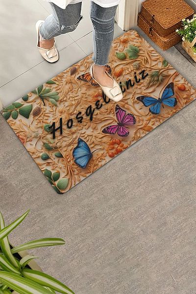 Valerine Life Wooden Carved Themed Welcome Door Mat with Butterfly 45x70cm