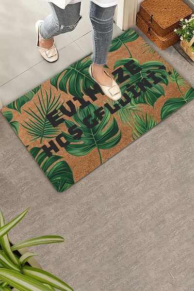 Valerine Life Frunze de palmier verde Bine ați venit la ușa noastră Covoraș 45x70cm