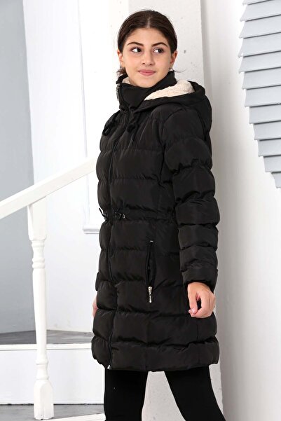 Buket Tekstil Черно, изключително меко пълнеж на талията, детайлно плюшено палто с качулка от изкуствена кожа