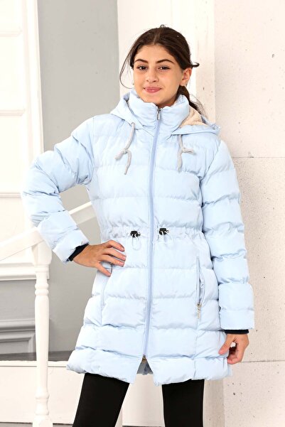 Passion Girl's Blue Extra Soft Filling Waist Detailed Plush Hooded Faux Fur Coat