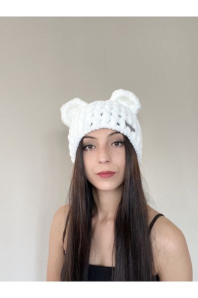 AidaAstrid Bear Ear Puffy Beanie Hat Teddy Bear Twist Model Animal Figured Black Beanie Winter Hand Knitted