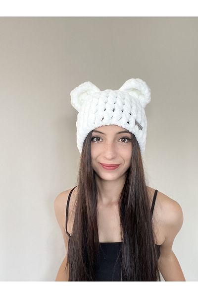 AidaAstrid Bear Ear Puffy Beanie Hat Teddy Bear Twist Model Animal Figured Black Beanie Winter Hand Knitted