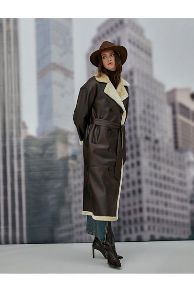 Koton Leather Look Long Coat Double Breasted Buttoned Plush Detail
