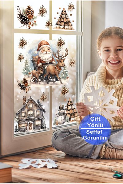 Sim Tasarım New Year Retro Nostalgic Winter Themed New Year Decorative Glass Sticker Set