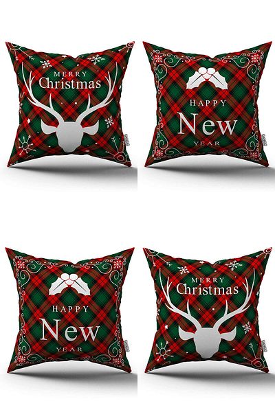 Cango Home Red Green New Year Themed 4 Piece Digital Printed Throw Pillow Cover Set