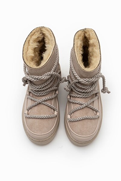 NİŞANTAŞI SHOES Vlněné béžové semišové provazové detaily Shearling Dámské boty s plochou podrážkou