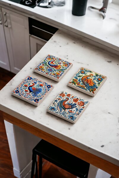 Baumatelier طقم قواعد أكواب من حجر الترافرتين الطبيعي بنقشة الزهور بتصميم الديك مكون من 4 قطع