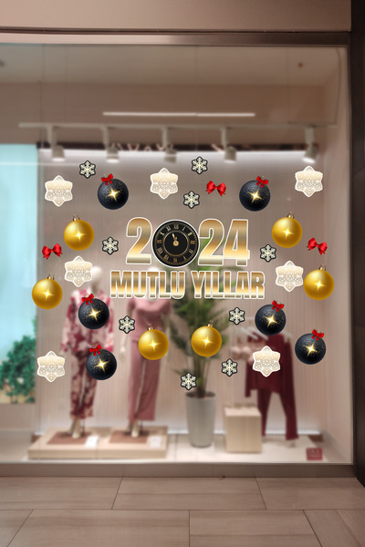 Mağaza Mutlu Yıllar 2024 Vitrin Süsü Sticker 73 Parça