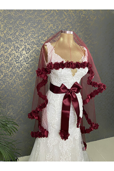 ecrin tuhafiye hobi Bordo Komple Üç Boyutlu Çiçekli Gelin Kına Duvağı Seti