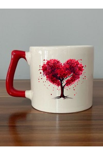 lili hediyelik Red Handled Mug with Heart and Tree - Ceramic Tea and Coffee Gift Cup