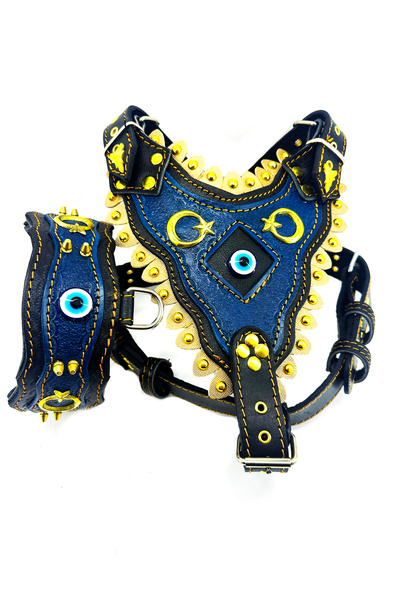 Tasma Market Mavi Nazar Boncuklu Türk Bayraklı Özel Tasarım Deri Köpek Tasması Seti