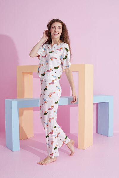 Siyah İnci colorful dog patterned Lycra Knitted Pajama Set