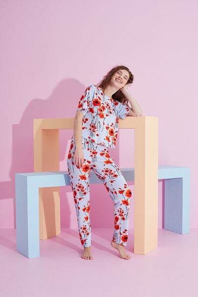 Siyah İnci Set de pijama tricotat Lycra cu model de flori albastre rosii