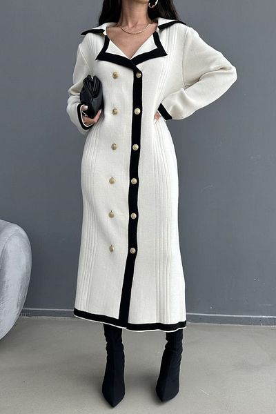 bayansepeti Button Detailed Jacket Collar Oversize Fit Midi Length Beige Knitwear Dress with Belt Gift 1090