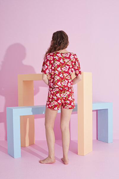 Siyah İnci red floral print Lycra Knitted T-shirt-Shorts Pajama Set
