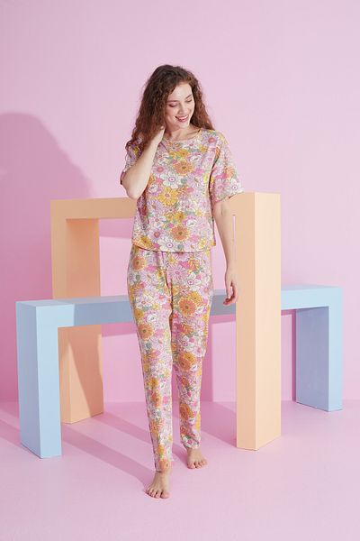 Siyah İnci colorful flower patterned Lycra Knitted Pajama Set