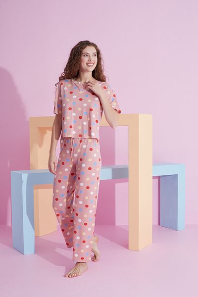 Siyah İnci colorful points patterned lycra Knitted Pajamas Set