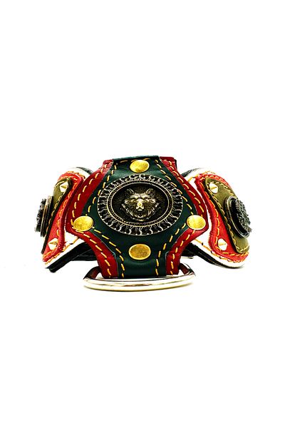 Tasma Market Khaki-White Wolf Head Luxury Handmade Leather Dog Collar