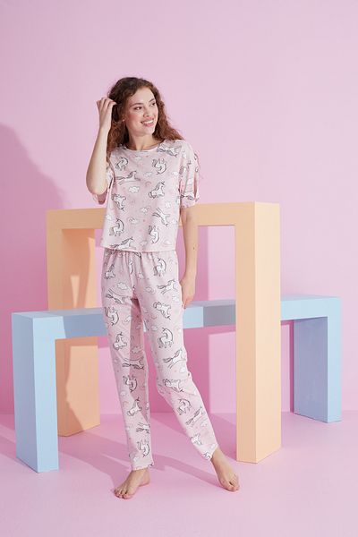 Siyah İnci pink unicorn patterned Lycra Knitted Pajama Set