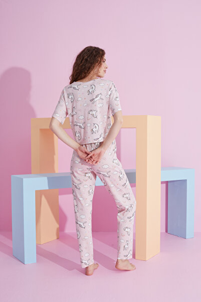 Siyah İnci pink unicorn patterned Lycra Knitted Pajama Set