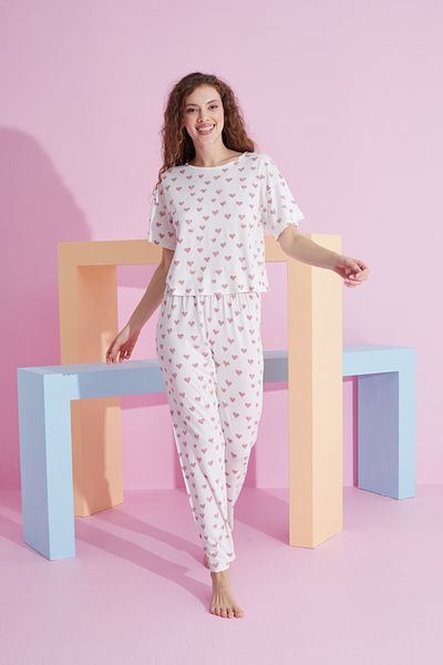 Siyah İnci Set de pijama tricotat Lycra cu inimă albă roz