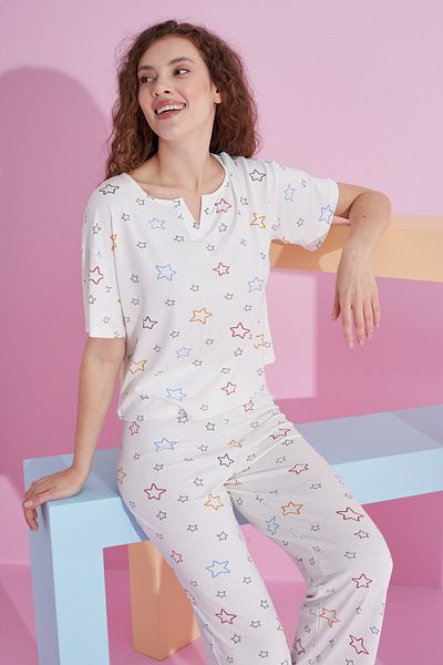 Siyah İnci white star patterned Lycra Knitted Pajama Set
