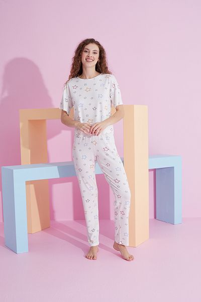 Siyah İnci Set de pijama tricotat Lycra cu model stea albă