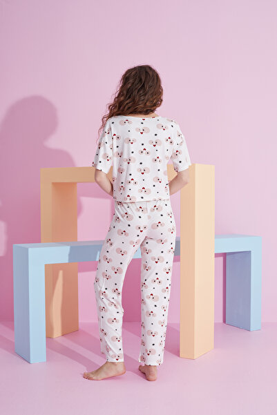 Siyah İnci Lycra Knitted Pajama Set with white eye pattern