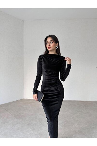 buqre's moda Kadife Yan Büzgü Detay Drape Midi Elbise