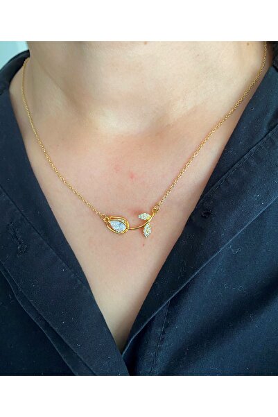 xesha Çelik Zirkon Taşlı Lale Çiçeği Kolye Altın Kaplama Zincir Takı 45cm