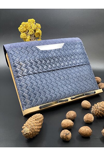 MAT Deri حافظة ماك بوك مقاس 13 بوصة متوافقة مع حقيبة حمل من الجلد الطبيعي بنمط القش الأزرق